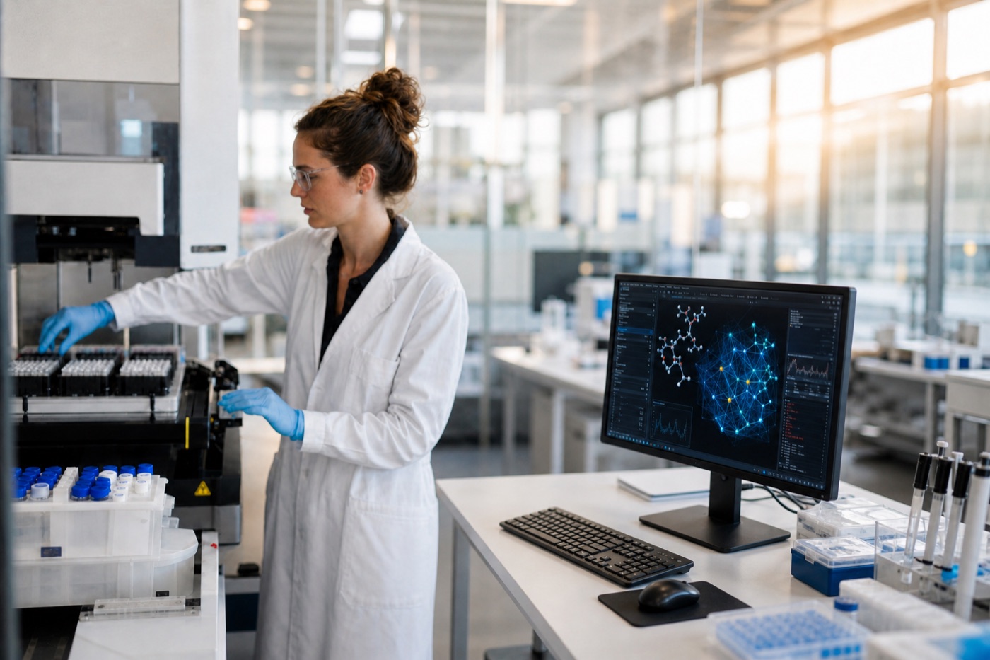 A scientist loading sample racks in a bright lab beside a monitor displaying an AI-driven molecular model