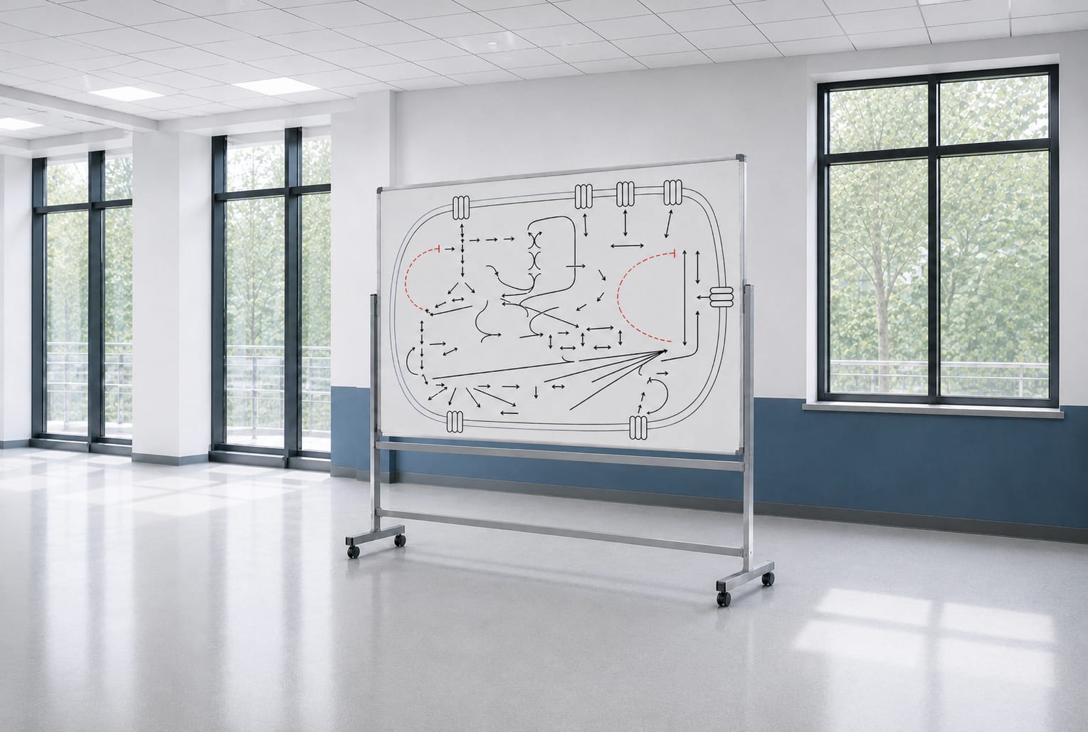 Whiteboard in a daylit office sketched with the network of pathway steps that route sulfur toward the finished compound