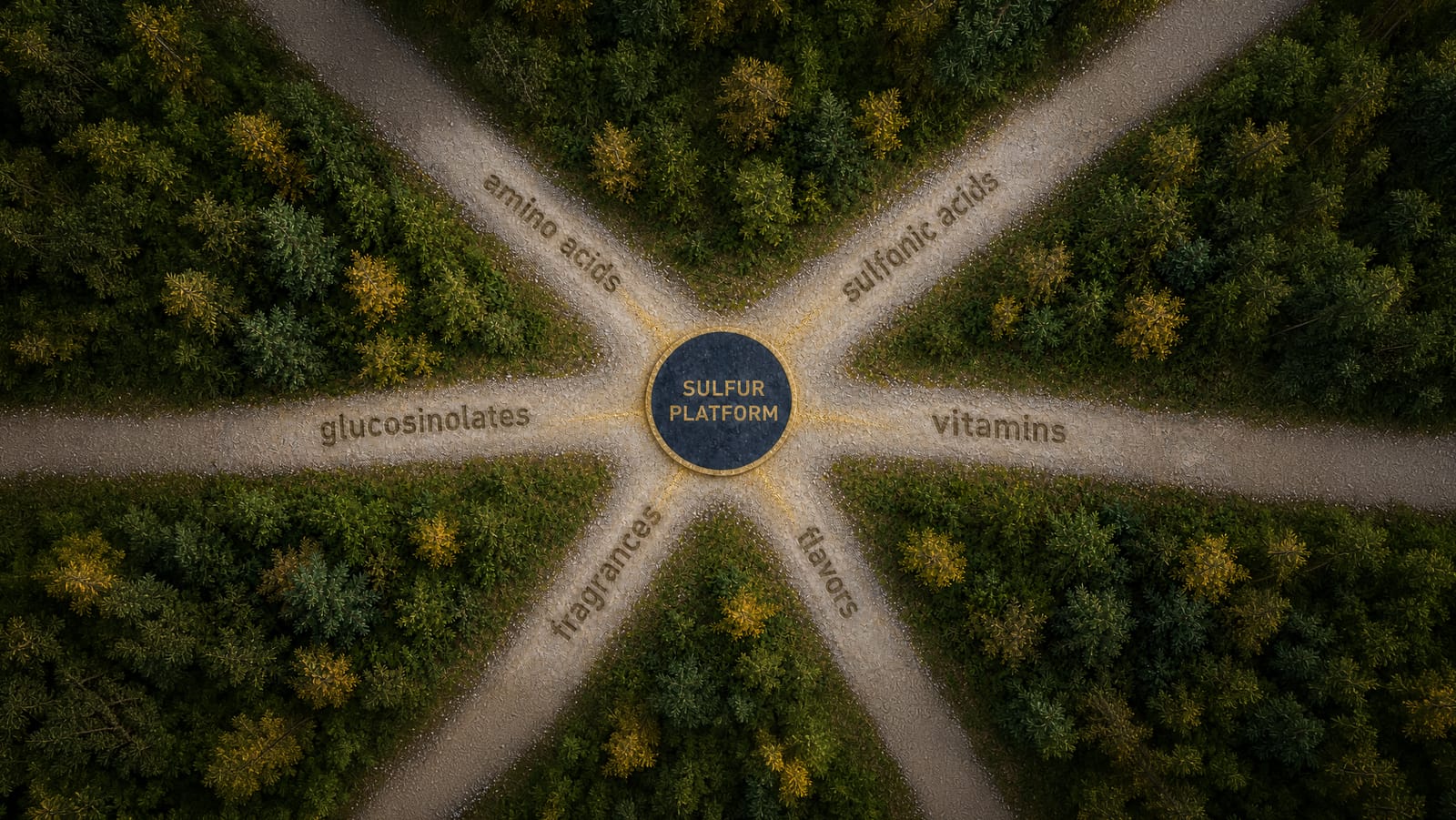 Aerial view of forest roads radiating from a navy Sulfur Platform hub, labeled amino acids, sulfonic acids, vitamins, flavors, fragrances, and glucosinolates